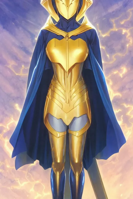 Image similar to anime key visual of a beautiful young female doctor fate!! intricate, cape, glowing, powers, dc comics, cinematic, stunning, highly detailed, digital painting, artstation, smooth, hard focus, illustration, art by artgerm and greg rutkowski and alphonse mucha