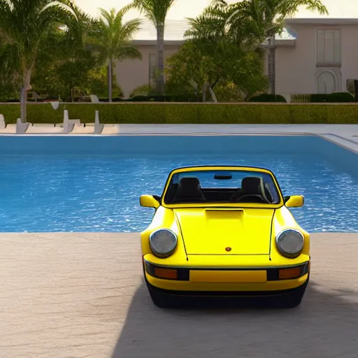 Prompt: a yellow 1 9 8 5 porsche 9 1 1 turbo in a palm beach swimming pool, 3 d render, unreal engine, 4 k