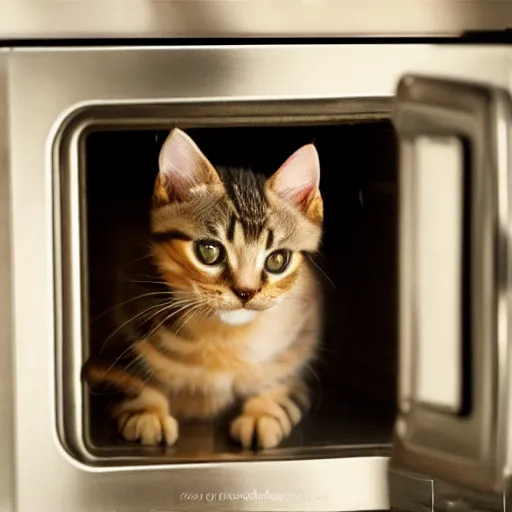 Image similar to a tabby kitten inside a kitchen oven looking at camera