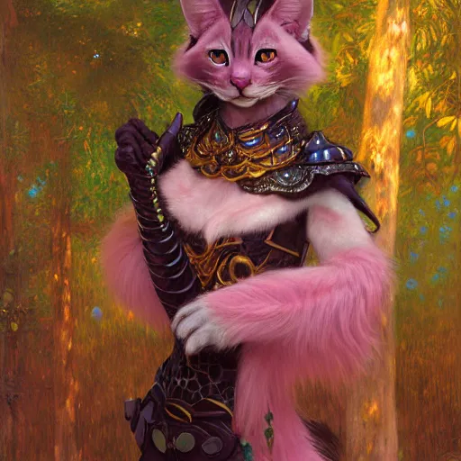 Image similar to a portrait of a female pink cat wearing ornate plastic armor at night in a dark forest. zootopia fursona furaffinity furry art detailed face painting by gaston bussiere craig mullins jc leyendecker gustav klimt artgerm greg rutkowski furry