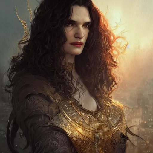 Image similar to a portrait of rachel weisz as a sorceress, urban motifs, intricate, elegant, highly detailed, digital painting, trending on artstation, concept art, smooth sharp focus, illustration, art by artgerm and greg rutkowski