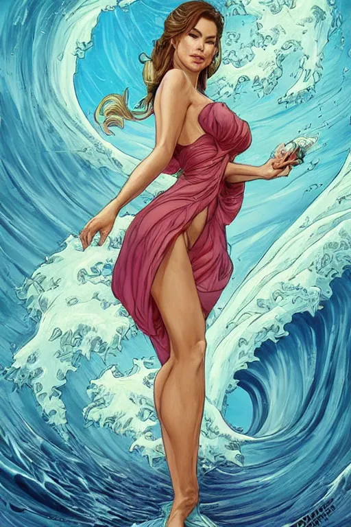 Image similar to Sofía Vergara as a heroine with a dress in the shape of the great wave off kanagawa, digital painting, artstation, concept art, smooth, sharp focus, illustration, art by artgerm and donato giancola and Joseph Christian Leyendecker, Ross Tran, WLOP