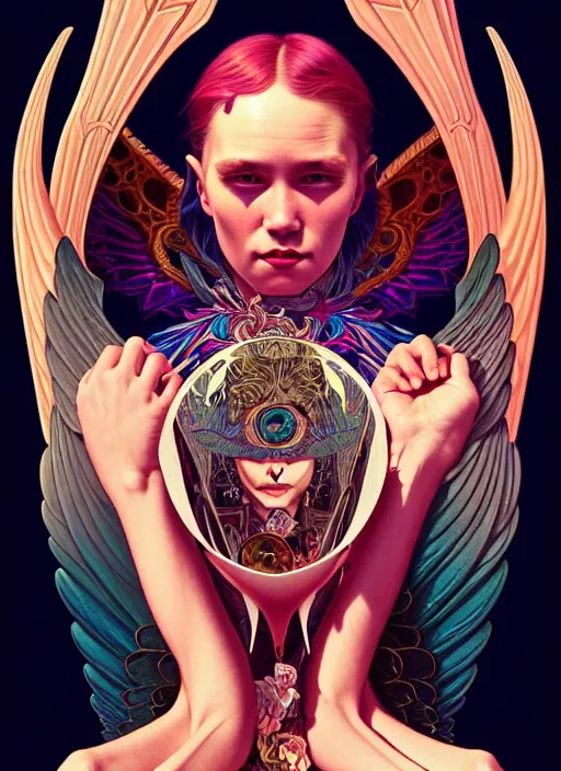 Image similar to high quality high detail portrait of a demonic angel with dark wings in black cathedral, tristan eaton, victo ngai, artgerm, rhads, ross draws, hyperrealism, intricate detailed, alphonse mucha, 8 k, sci - fi, pastel colors, artstation,