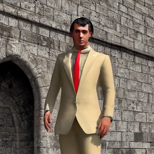 Image similar to british lord wearing expensive israeli beige suit designed by michaelo angelo, frame focused on face and upper body, created with metahuman in unreal engine