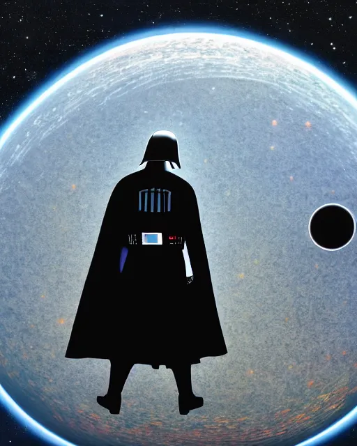 Image similar to acrylic painting portrait of darth vader looking through a large window into outer space with a large planet visible, view from behind, high production value, intricate details, high resolution, hdr, high definition, masterpiece, realistic, ultrarealistic, highly detailed, hd, sharp focus, non blurry, sharp, smooth