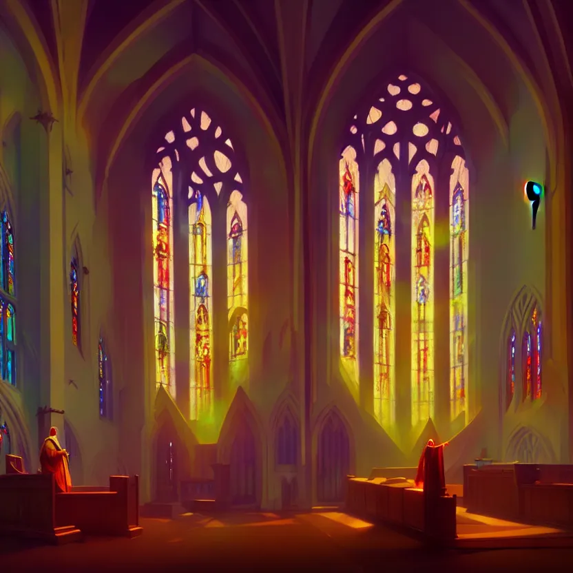 Image similar to curch with chapel, colorful windows, glory light, digital painting, concept art, greg rutkowski, artstation, cinematic, matte painting