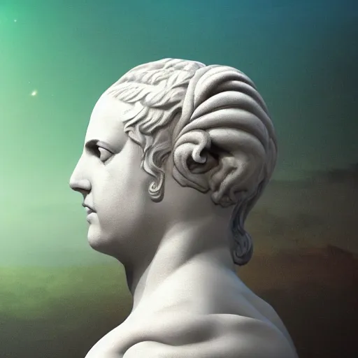 Image similar to 3 d sci - fi cgartist rendering of a hyper realistic marble greek statuary bust floating at the vast pulsating interdimensional fractal space portal at the psychedelic vaporwave event horizon directed by col price, trending on artstation