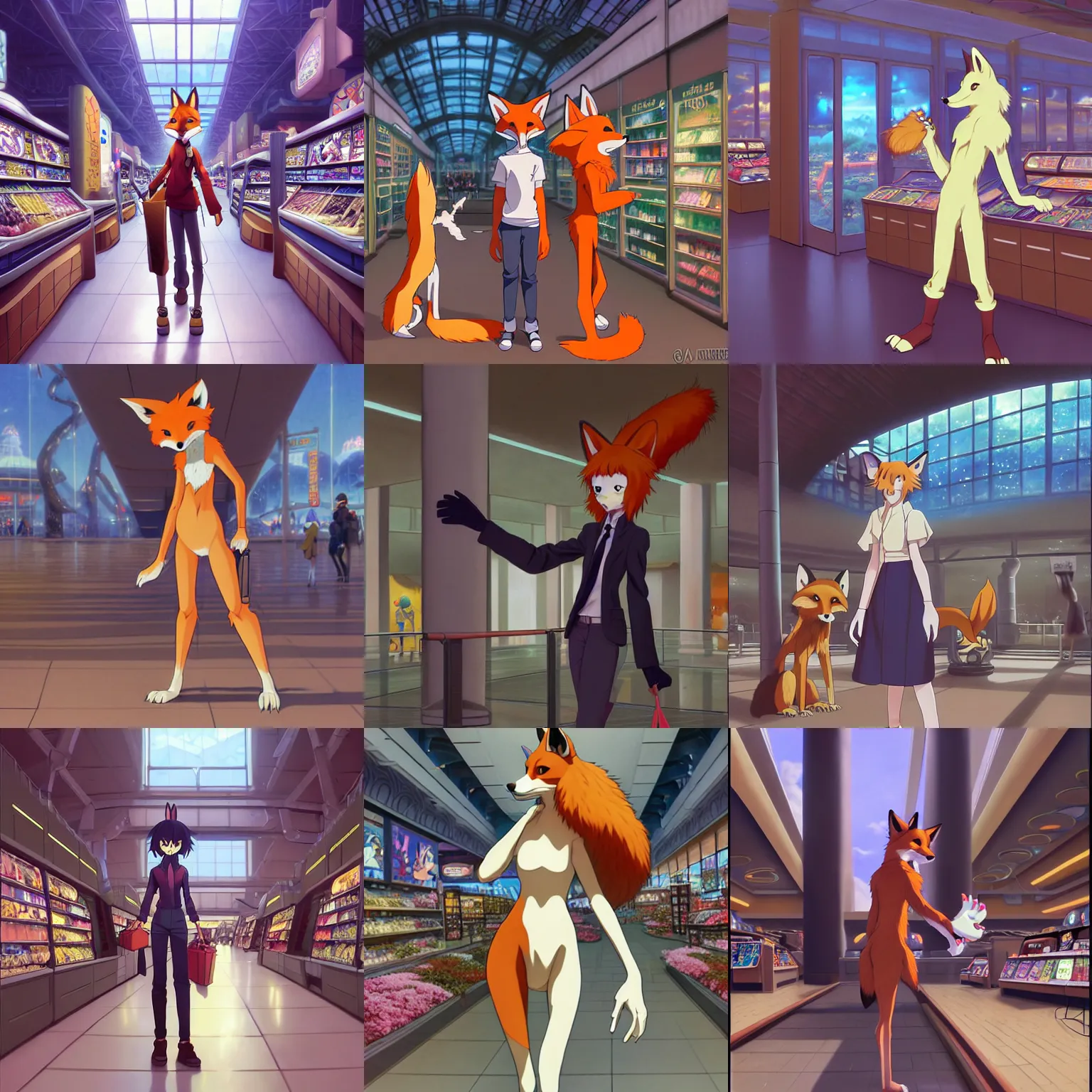 Prompt: anthro art commission of an anthropomorphic natural furry ( ( ( fox ) ) ) person shopping at a futuristic mall, photorealistic, detailed key anime art, makoto shinkai, james gurney, don bluth!!, disney!!, hibbary!!, dark natasha, goldenwolf, furaffinity, fursona, greg rutkowski