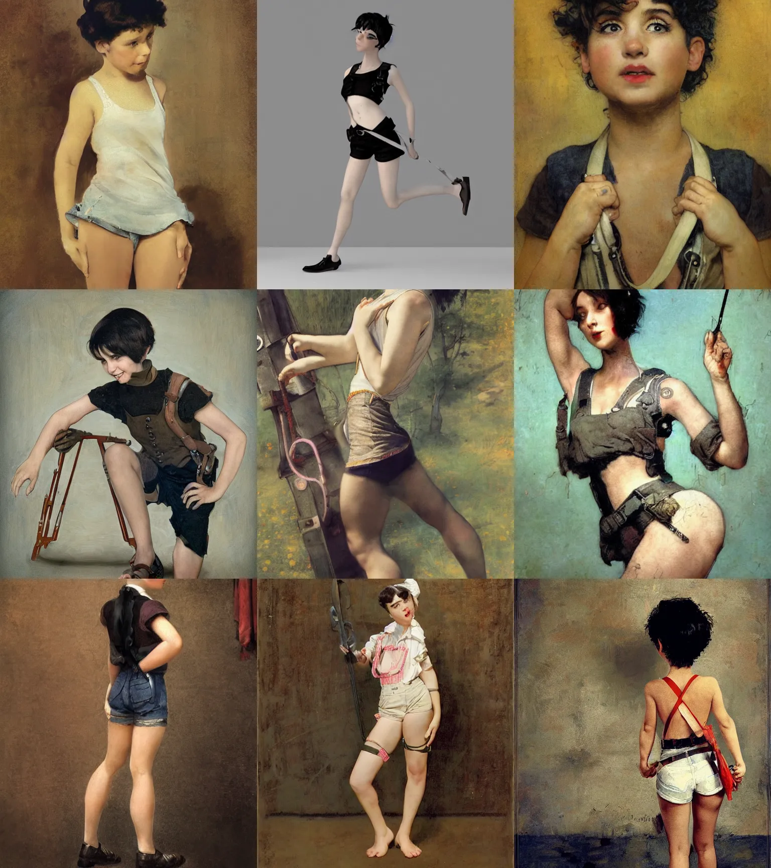 Prompt: a girl with black hair pixie cut in shorts with suspenders drawn by rembrandt, norman rockwell, frank frazetta, peter paul rubens, alphonse mucha, gustav klimt 4k, unreal 5, DAZ, french noveau, octane render, hyperrealistic