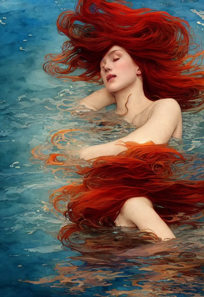 Image similar to beautiful watercolor painting of a young red hair woman swimming, surrounded by golden fish, intricate, elegant, highly detailed, digital painting, artstation, concept art, smooth, sharp focus, art by krenz cushart and artem demura and alphonse mucha, dynamic lighting, full body shot, ultrarealistic, cinematic, octane render, 8 k