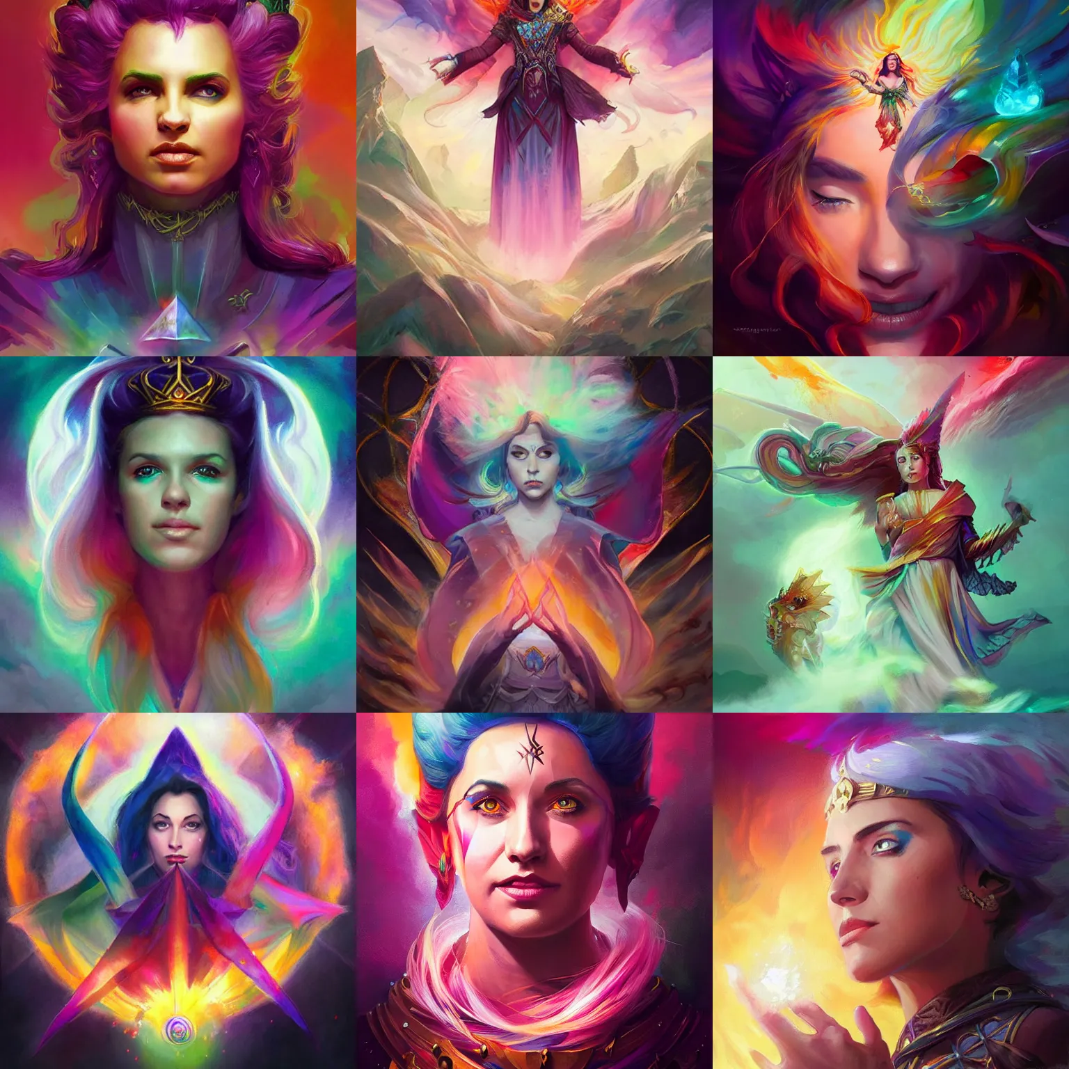 Prompt: calling of queen spells conjure energy colors wrath, windy, d & d, fantasy, portrait, highly detailed, digital painting, trending on artstation, concept art, sharp focus, illustration, art by artgerm and kenneth noland and greg rutkowski and magali villeneuve