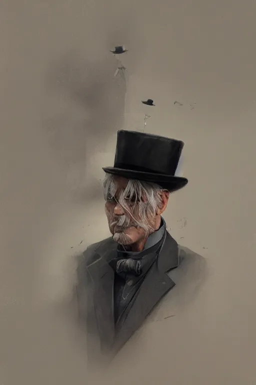 Image similar to a man grey hair with stubble top hat and suit by Greg Rutkowski, painting, portrait, high details, trending on artstation