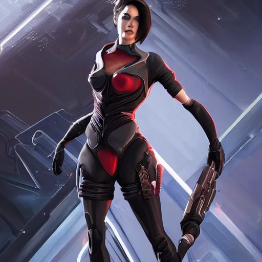 Image similar to A combination of Ada Wong's and Grace Kelly's and Ashley Greene's appearances wearing Warframe armor, high tech, action shot, angular, full body portrait, futuristic, dramatic, fantasy, intricate, elegant, highly detailed, digital painting, artstation, concept art, matte, sharp focus, illustration, 8K, art by Donato Giancola and James Gurney