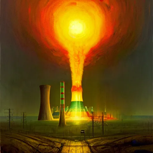 Image similar to A nuclear power plant in utopia by Simon Stålenhag and J.M.W. Turner, oil on canvas; Nuclear Fallout, Art Directio by Adam Adamowicz