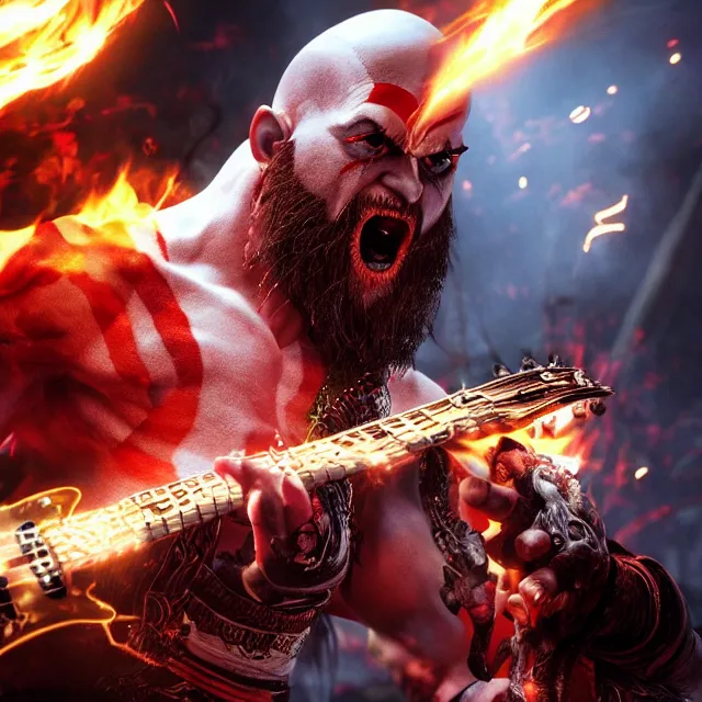 Image similar to flaming eyes kratos shredding on a flaming stratocaster guitar, cinematic render, god of war 2 0 1 8, santa monica studio official media, flaming eyes, lightning