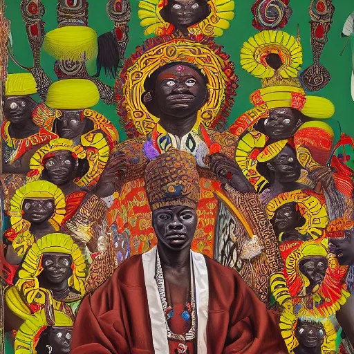 Image similar to highly detailed painting of the oba of benin surrounded by masquerades, fantasy, 8 k, realistic, symmetrical, digital illustration, in the style of kehinde wiley, artem demura