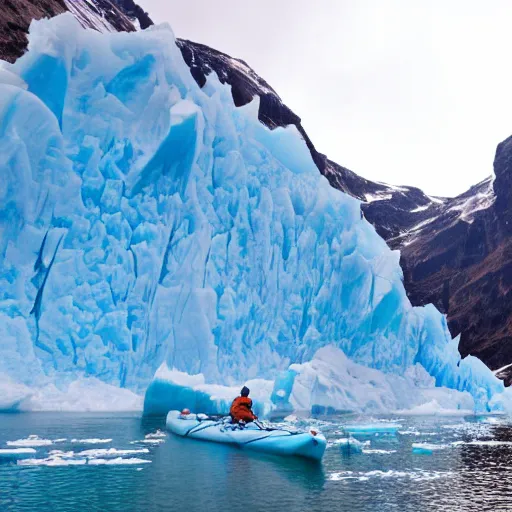 Prompt: a wide angle photograph taken on a kayak of a river with blue skies ahead and very tall blue frozen glaciers on the sides, rowing out of a frozen ice cave