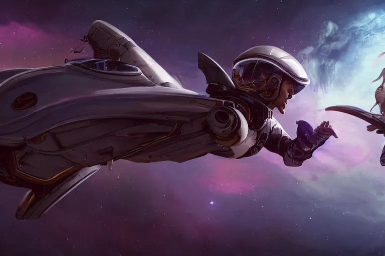 Image similar to character design, a pilot back turned, holding a helmet, pterosaur styling on the space suit, kanji insignia and numbering, Raymond Swanland and Jessica Rossier nebula like clouds in space background near a ringed gas giant, hyper detailed hyper detailed, 8k, ultra realistic, cinematic lighting, ultra wide 35mm lens, Boeing Concept Art, Lockheed concept art