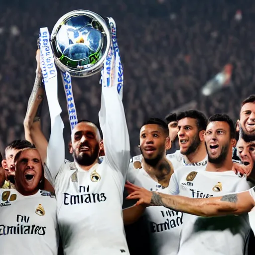 Image similar to real madrid fc team lifting a fax as a throphy