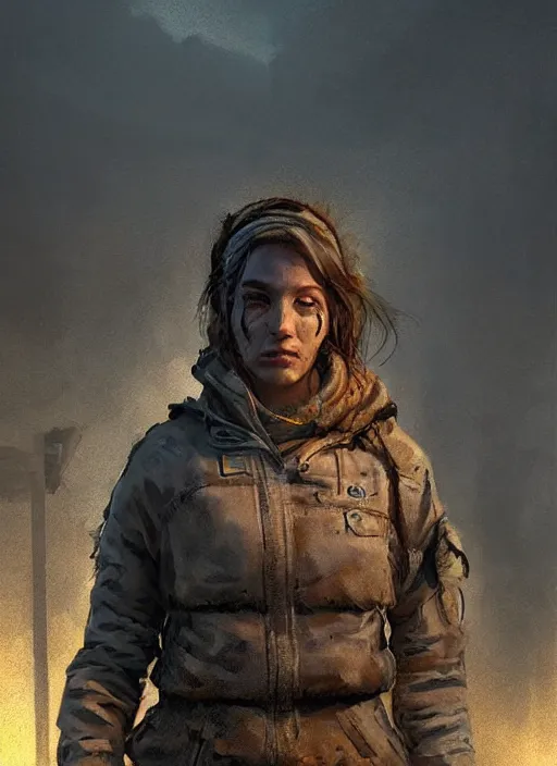 Image similar to portrait of a survivalist woman in a post apocalyptic city at dawn, beautiful digital concept art trending on artstation, ultra - realistic lifelike high details, cinematic lighting dystopian art