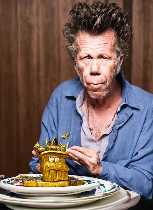 Image similar to Tom Waits eating a miniature Statue of Liberty on a plate in a restaurant, color photograph portrait 4k