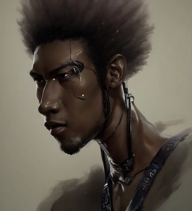 Image similar to portrait of a man by greg rutkowski, he is about 2 5 years old, mixture between afroamerican and japanese, afro hair, geisha tatoos, very tall and slender, he is wearing a futuristic police gear, highly detailed portrait, digital painting, artstation, concept art, smooth, sharp foccus illustration, artstation hq