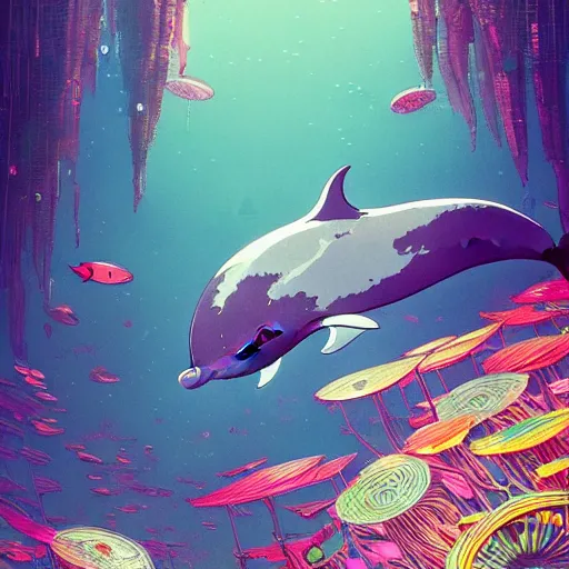 Image similar to a beautiful hyperdetailed character design 4 k wallpaper illustration of a cute dolphin, victo ngai cyberpunk style, from china, style of studio ghibli, makoto shinkai, raphael lacoste, louis comfort tiffany, artgerm, james jean, ross tran, chinese style