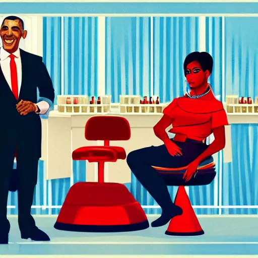 Prompt: illustration of nicki minaj sitting next to barack obama in a 6 0's vintage barbershop, symmetrical, cinematic scene, brownish flat colors, hyper realistic, highly detailed, by miyazaki, monokubo, trending on artstation