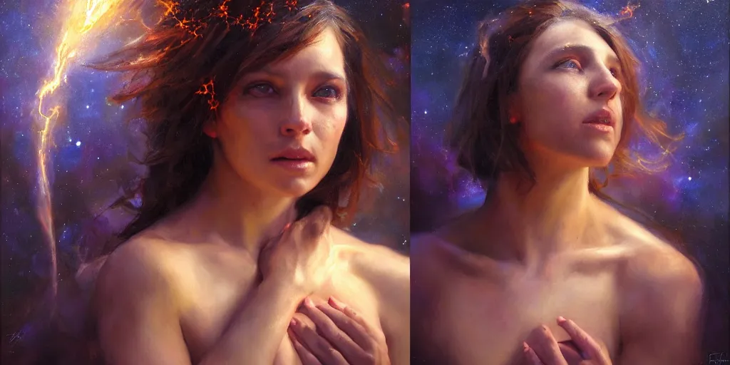 Image similar to portrait of a demon female fell from a starry sky like a meteor. by daniel f. gerhartz, hyperrealistic oil painting, 4 k, studio lightning, very detailed faces