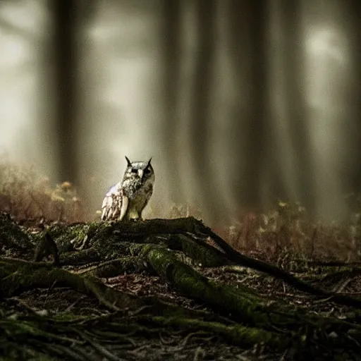 Image similar to mixture between an! owl and wolf, photograph captured in a dark forest