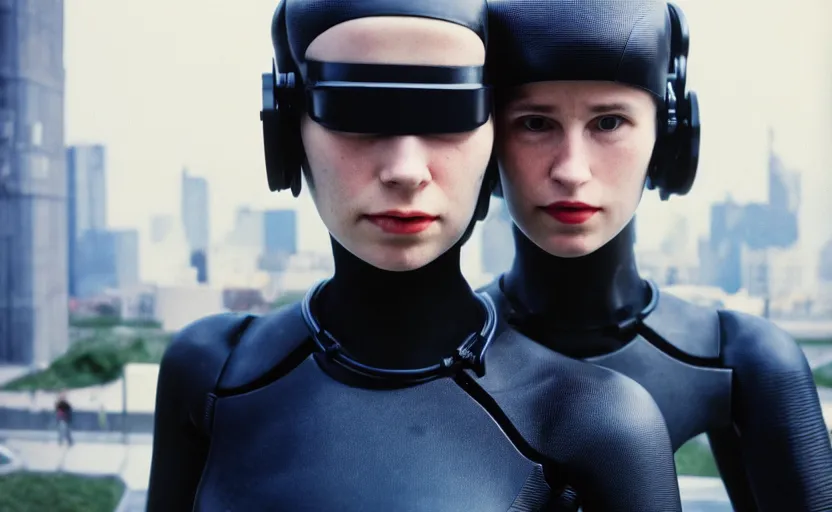 Image similar to cinestill 5 0 d photographic portrait by helen levitt of two loving female cyborgs wearing black techwear in a retrofuturist liminal office, extreme closeup, modern cyberpunk, garden terraces, 8 k, hd, high resolution, 3 5 mm, f / 3 2, ultra realistic faces, intricate detail, ex machina