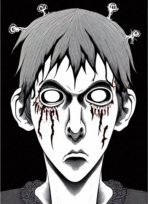 Image similar to junji ito style portrait of zombie teenage jughead jones wearing a light grey crown, zombie, crown, rotting skin, blind eyes, white eyes, crown, black hair, intricate, highly detailed, illustration, art by junji ito