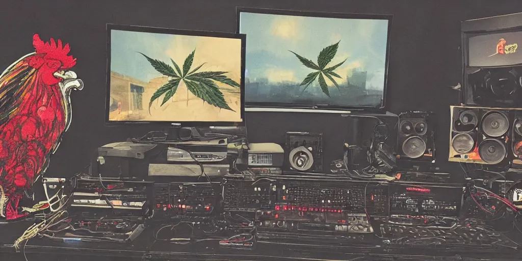 Image similar to 'black rooster'!!! smoking 'cannabis'!!!!!! in front of 'audio console'!!!! and 'pc masterrace RGB custom build'!!!!! 'multi monitors and projectors'!!!! 'in a hi-tech tv broadcasting studio with red camera rig'!!!!, artwork by James Gilleard