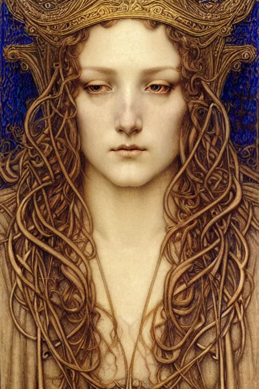 Image similar to detailed realistic beautiful young medieval queen face portrait by jean delville, gustave dore and marco mazzoni, art nouveau, symbolist, visionary, gothic, pre - raphaelite. horizontal symmetry