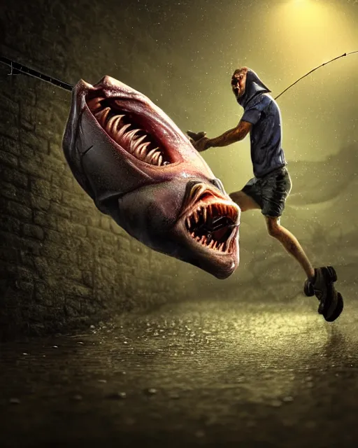 Image similar to realistic, angler fish, human legs, on land, chasing a man, nightmare, dark alley, scary, run for your life, highly detailed, photograph, rainy, dreamy, high definition