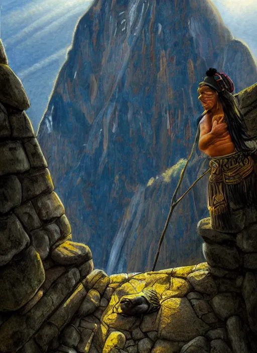 Prompt: a painting of an incan shaman doing a prayer to the sun on the machu picchu with arms up,, matte painting, fantasy art, hyper detailed, concept art