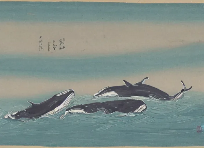 Image similar to a painting of a pair of whales by Qi Baishi