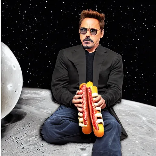 Image similar to robert downey jr eating a delicious hot dog on the moon, cell phone selfie