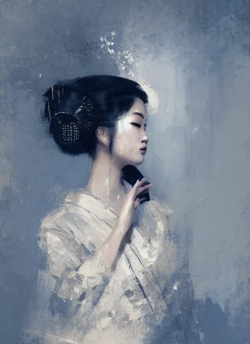 Image similar to female geisha girl, beautiful face, rule of thirds, intricate outfit, spotlight, by greg rutkowski, by jeremy mann, digital painting