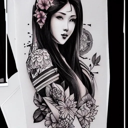 Image similar to tattoo design, stencil, beautiful young female, long dark hair, symmetrical facial features, Japanese, partially clothed in robe, by William-Adolphe Bouguerea and artgerm