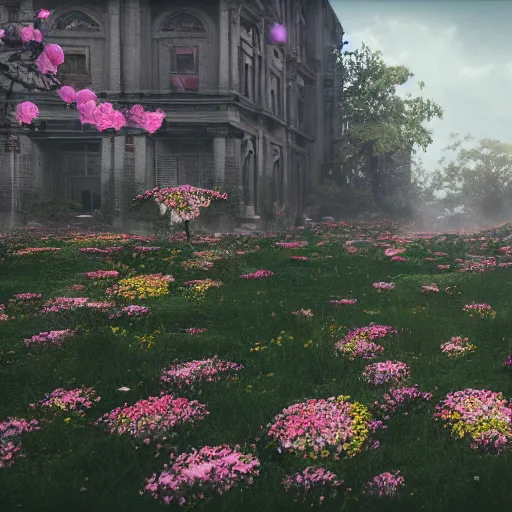 Image similar to A ruined city overgrown by flowers, octane render, 8K, depth of field, By WLOP