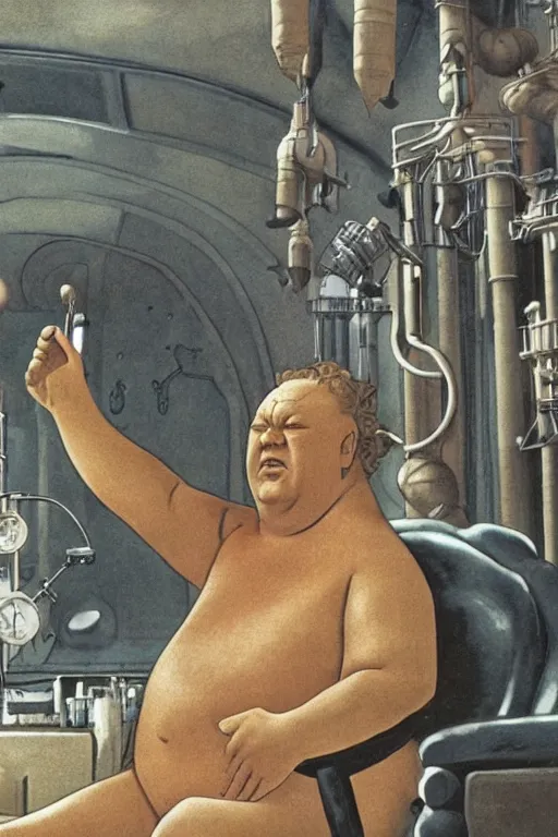 Prompt: the baron harkonnen floating in a laboratory on guidi prime, colour painting by normal rockwell, dune movie 1982