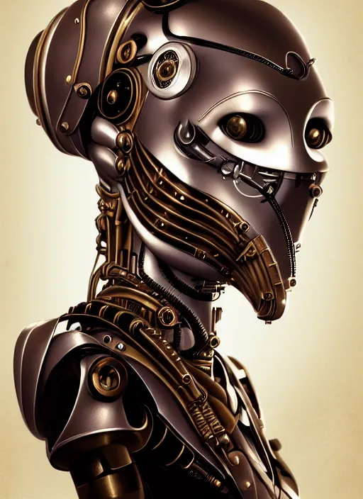 Prompt: portrait of a steampunk robot woman in 1900s by Artgerm, biomechanical, hyper detailled, trending on artstation
