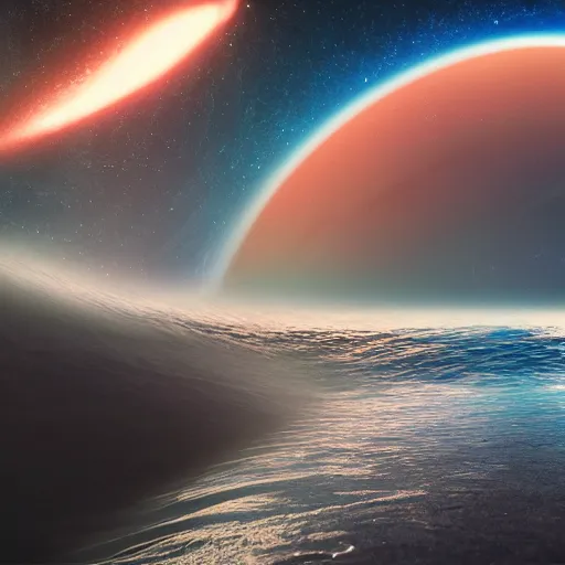 Image similar to photo of a alien surfing a surfboard on a crashing l wave of alien ocean in space, background is an alien galaxy, aliens in the background, alien colors, octane render, unreal engine, wide view, 8 k, high detaild