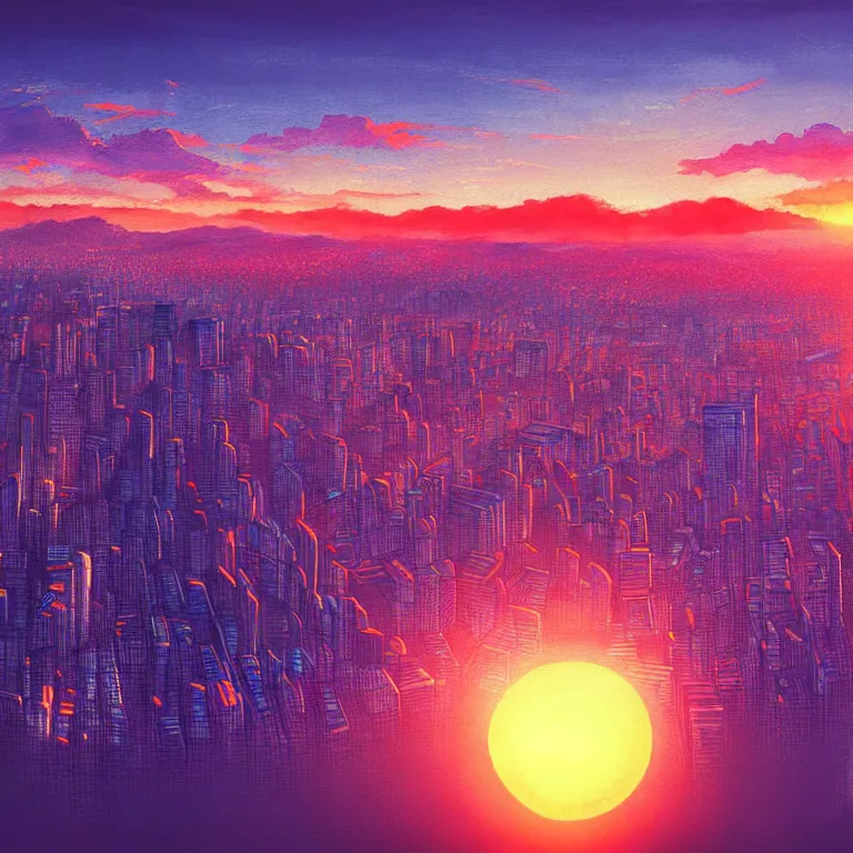 Image similar to birdseye view of a sunrise over a city, art by yoshitaka amano and alena aenami, cityscape