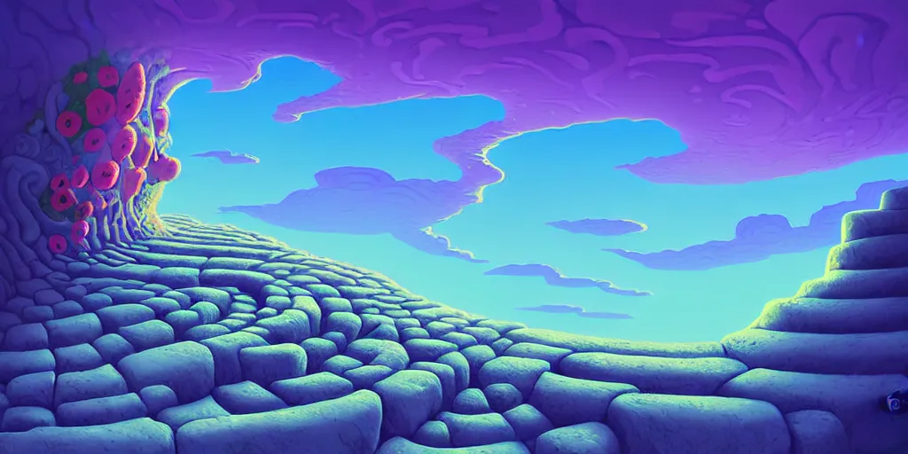 Prompt: curled perspective digital art of curly clouds cobblestone street with wildflowers to a cliff in top of a deep blue see by anton fadeev from nightmare before christmas, smoke