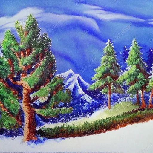 Bob Ross Style Acrylic Painting Landscape With Mountains and Water