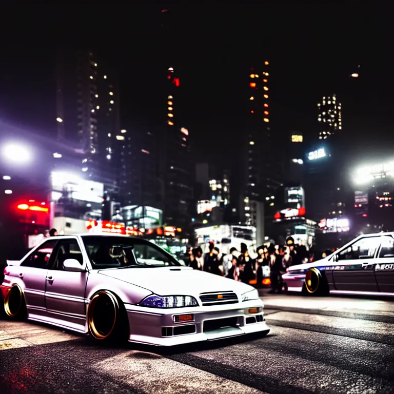 Image similar to a car JZX90 twin turbo drift at illegal car meet, Shibuya prefecture, city midnight mist lights, cinematic lighting, photorealistic, highly detailed wheels, high detail