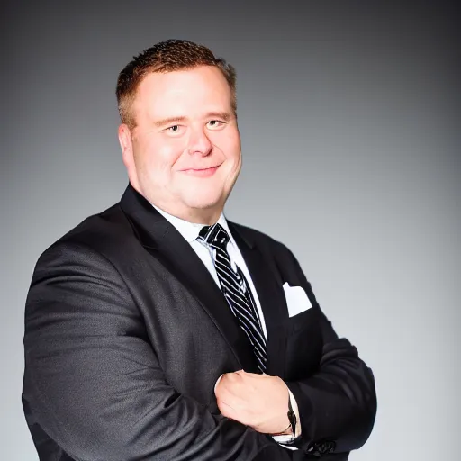 Image similar to clean - shaven portly white man wearing a crisp white dress shirt, necktie, black trousers, and black shoes. he looks very happy. studio background, studio lighting.