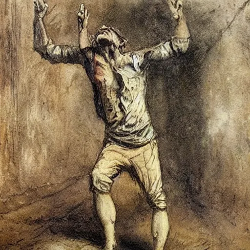 Prompt: Street art. A man with a large head and a small body is floating in the air, his arms and legs flailing. His clothes are tattered and he has a wild look in his eyes. naturalism, crayon by Adolph Menzel doom